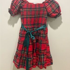 Badgley Mischka Girls Red Green Tartan Plaid Puff Sleeve Shirred Dress